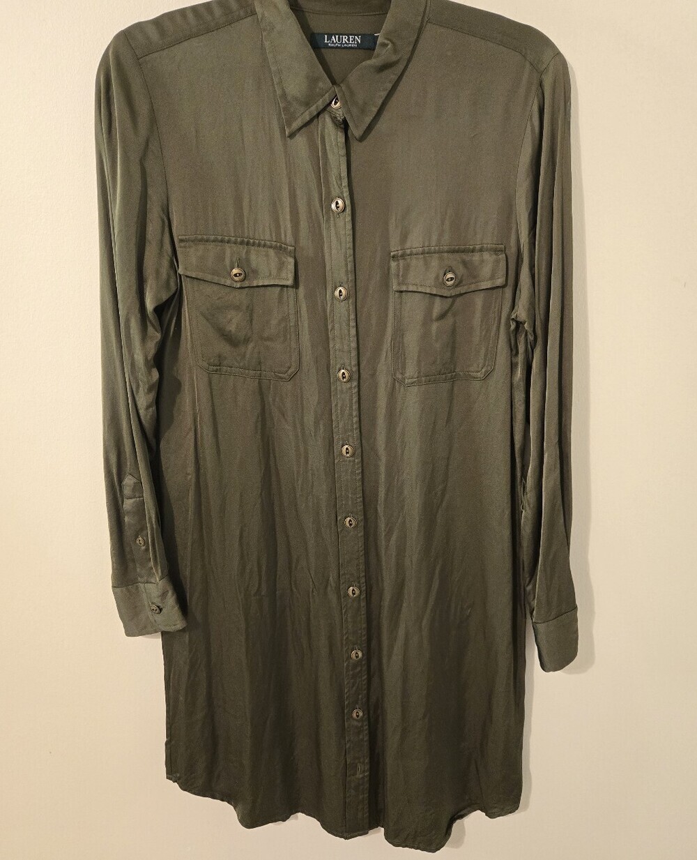 Lauren Ralph Lauren Olive Green Utility Shirt Dress Women's Size 10 Button Front
